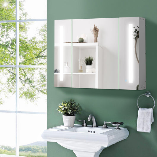 Armadietto Specchiera da Bagno con 3 Armadietti 90x15x65 cm 3 Ripiani e Luce LED Bianco