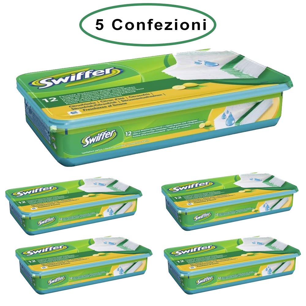 Swiffer wet panni umidi lavapavimenti per scopa al limone 5 confezioni da 12 panni