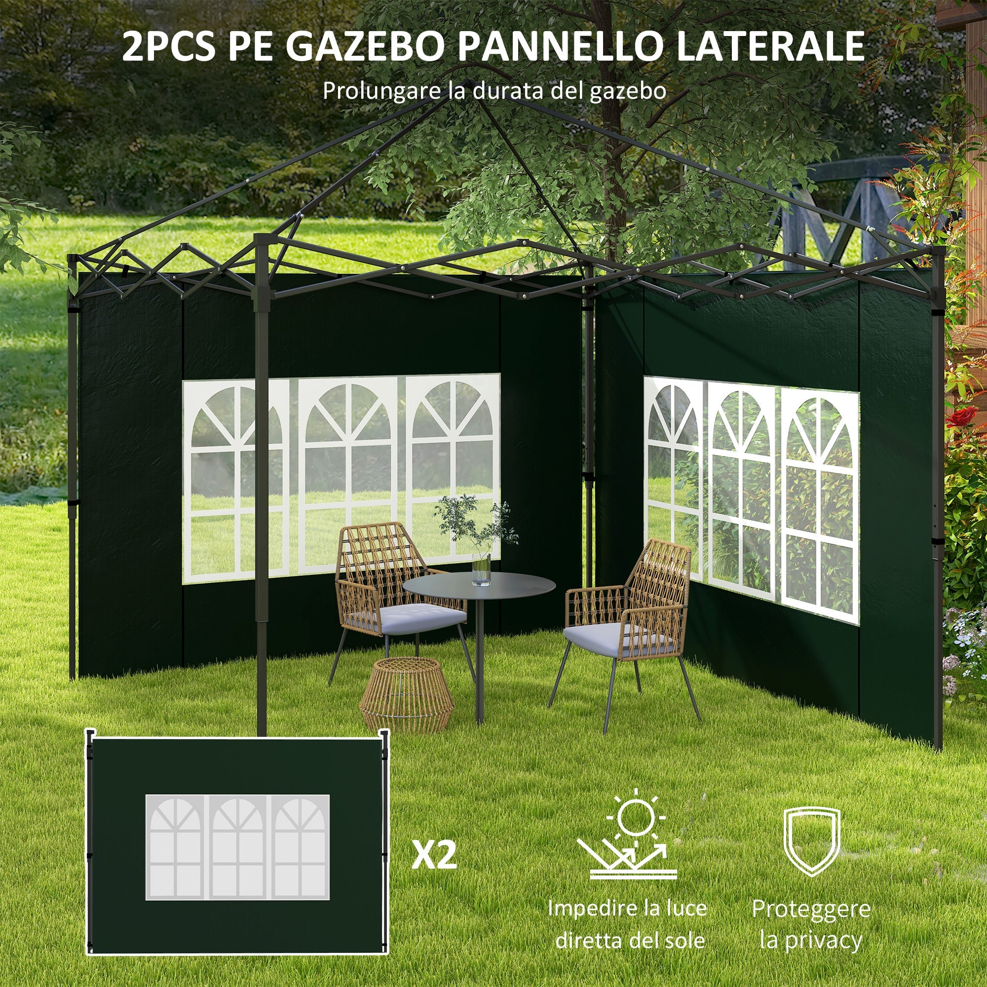 Set 2 Pareti Laterali per Gazebo 3x3m e 3x6m con Finestre 293x193 cm in PE e Plastica Verde