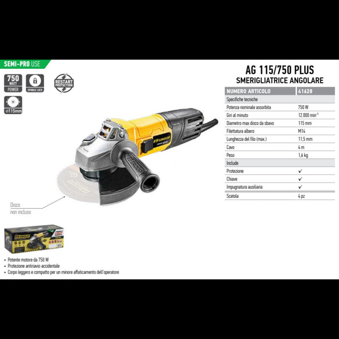 Ff group ag115/750 plus smerigliatrice angolare da 750w - uso semi professionale