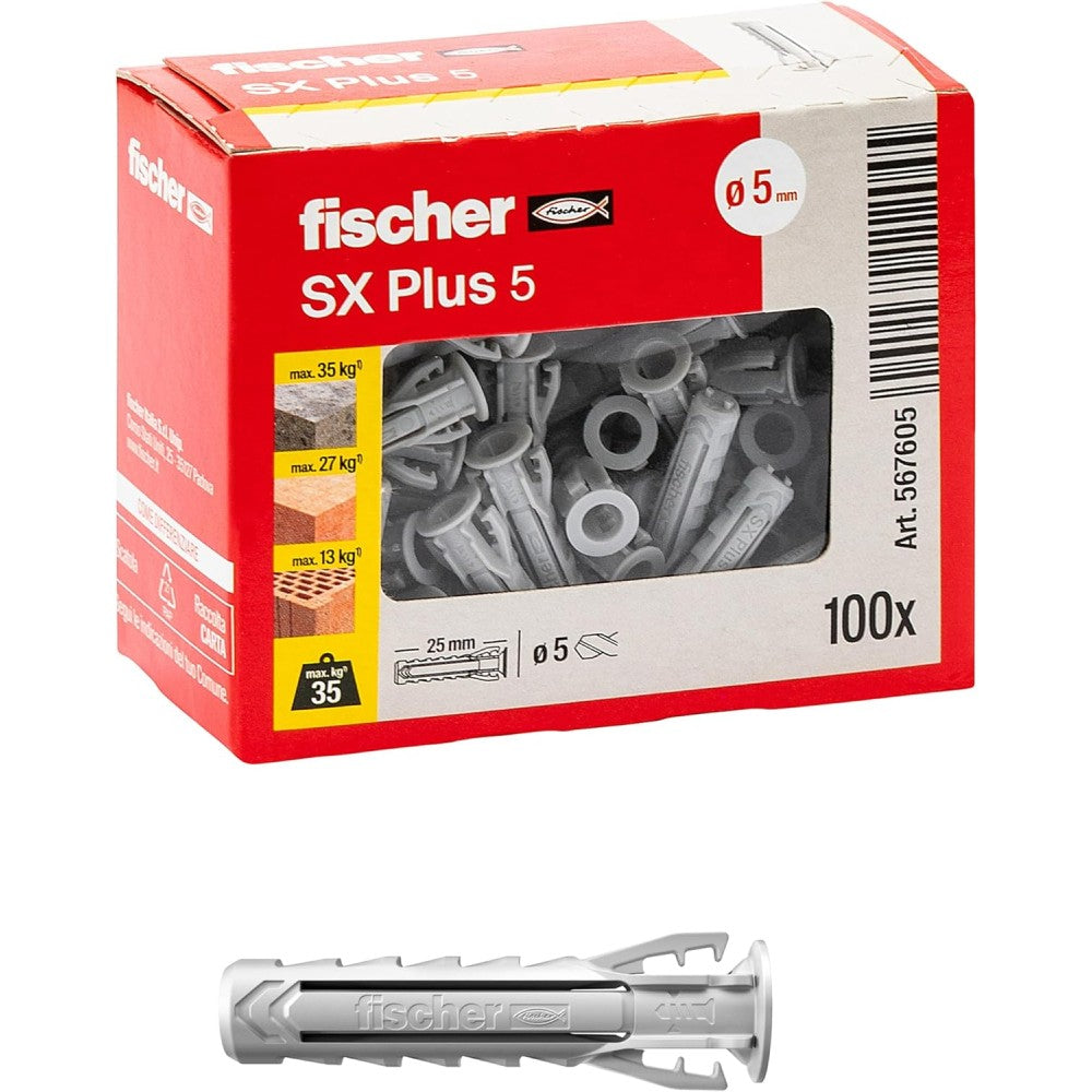 Fischer sx plus 5mm tassello in nylon con espansione a 4 settori - 100pz