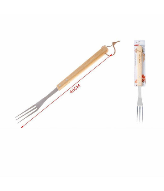 Forchettone 3 Rebbi Per Barbecue Grigliata 40cm In Acciaio Manico Legno 2406328         