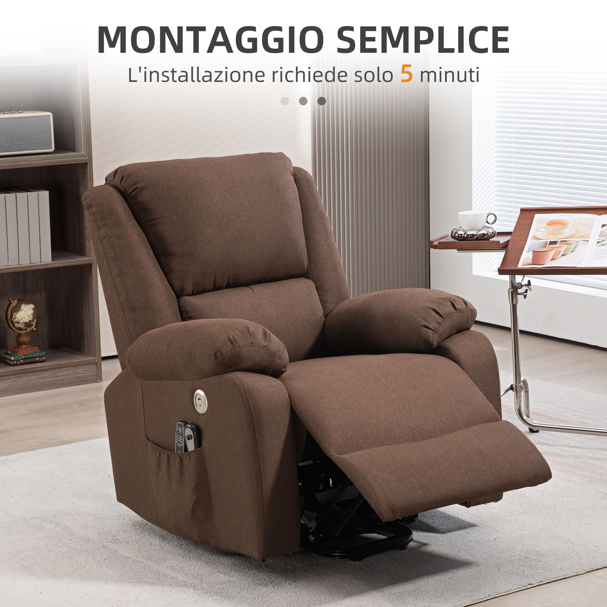 Poltrona Alzapersona Elettrica Reclinabile con Poggiapiedi 1 Motore 87x92x105 cm in Tessuto Effetto Lino Caffè