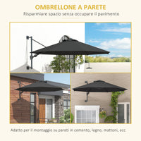 Ombrellone da Giardino da Parete Ø2,92x1,23 m Girevole a 180° con Manovella e 8 Stecche Grigio