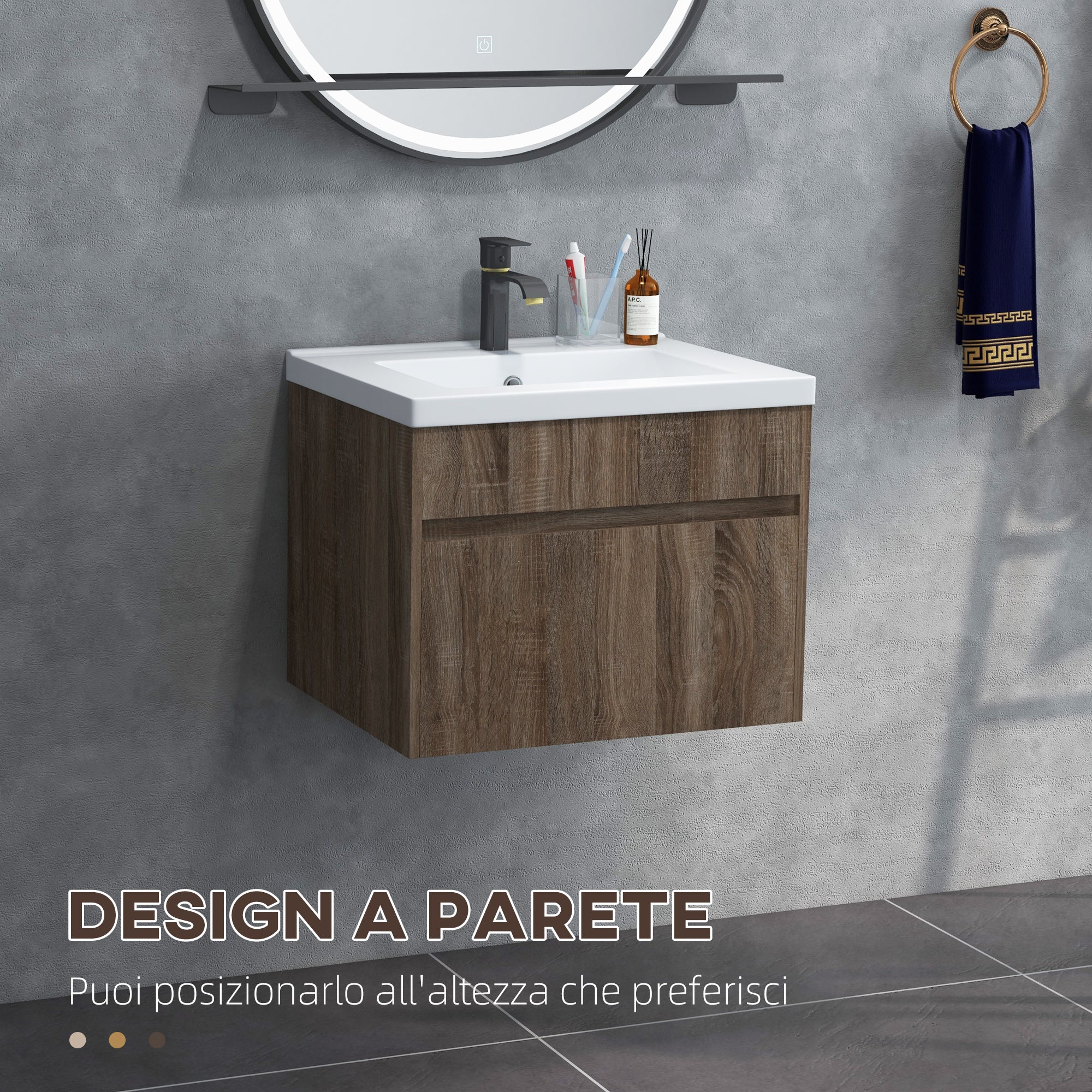 Mobile Lavabo 1 Cassetto 60x45,5x45 cm in Truciolato e Ceramica Marrone Chiaro