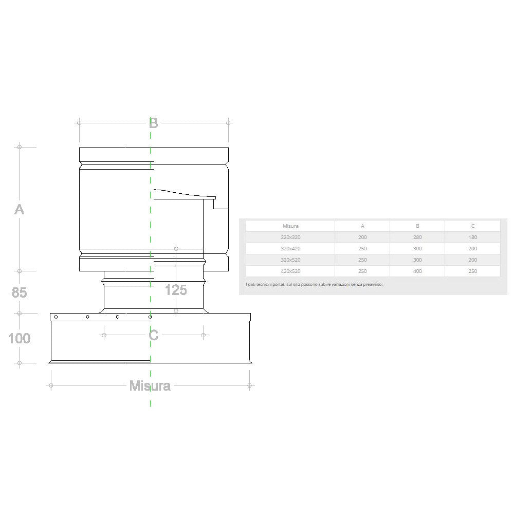 Fumaiolo a botte 4 venti inox base rettangolare 32x52cm