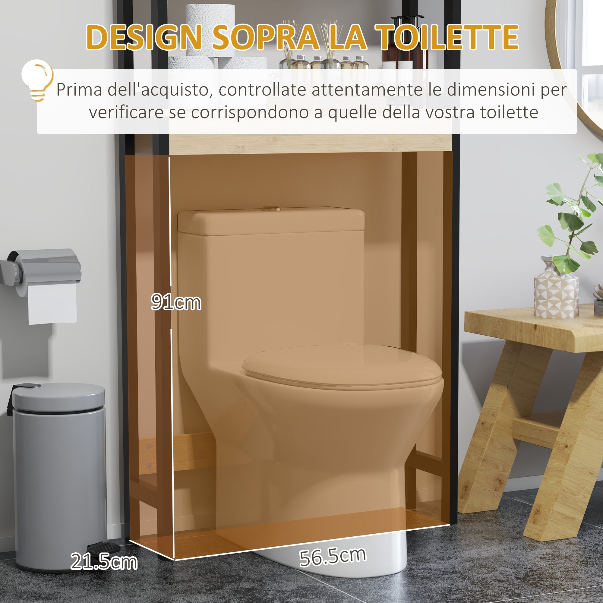 Mobile Sopra WC con Armadietto 2 Ante a Doghe e Ripiano Aperto 60x21,5x172 cm in Bambù e MDF Legno Naturale e Nero