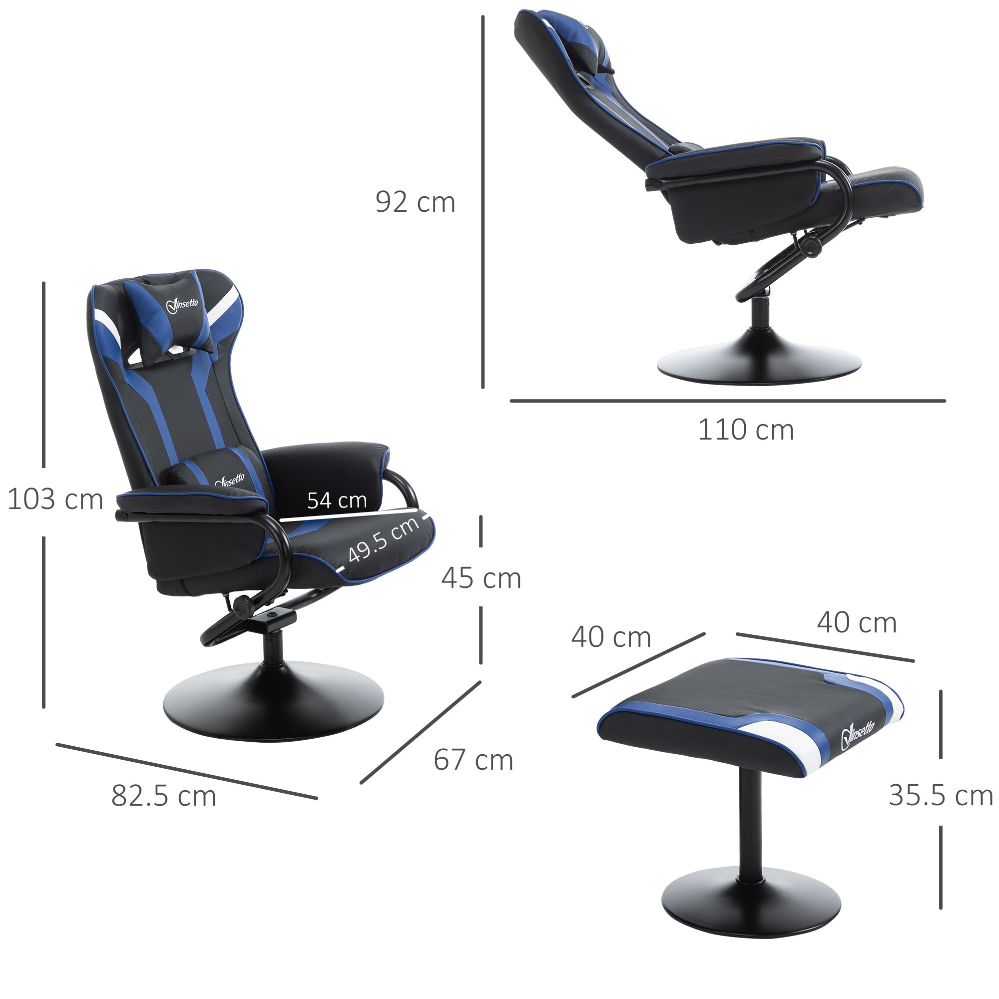 Sedia da Gaming Reclinabile 67x82,5x103 cm con Sgabello Poggiapiedi in Similpelle Nero e Blu Scuro