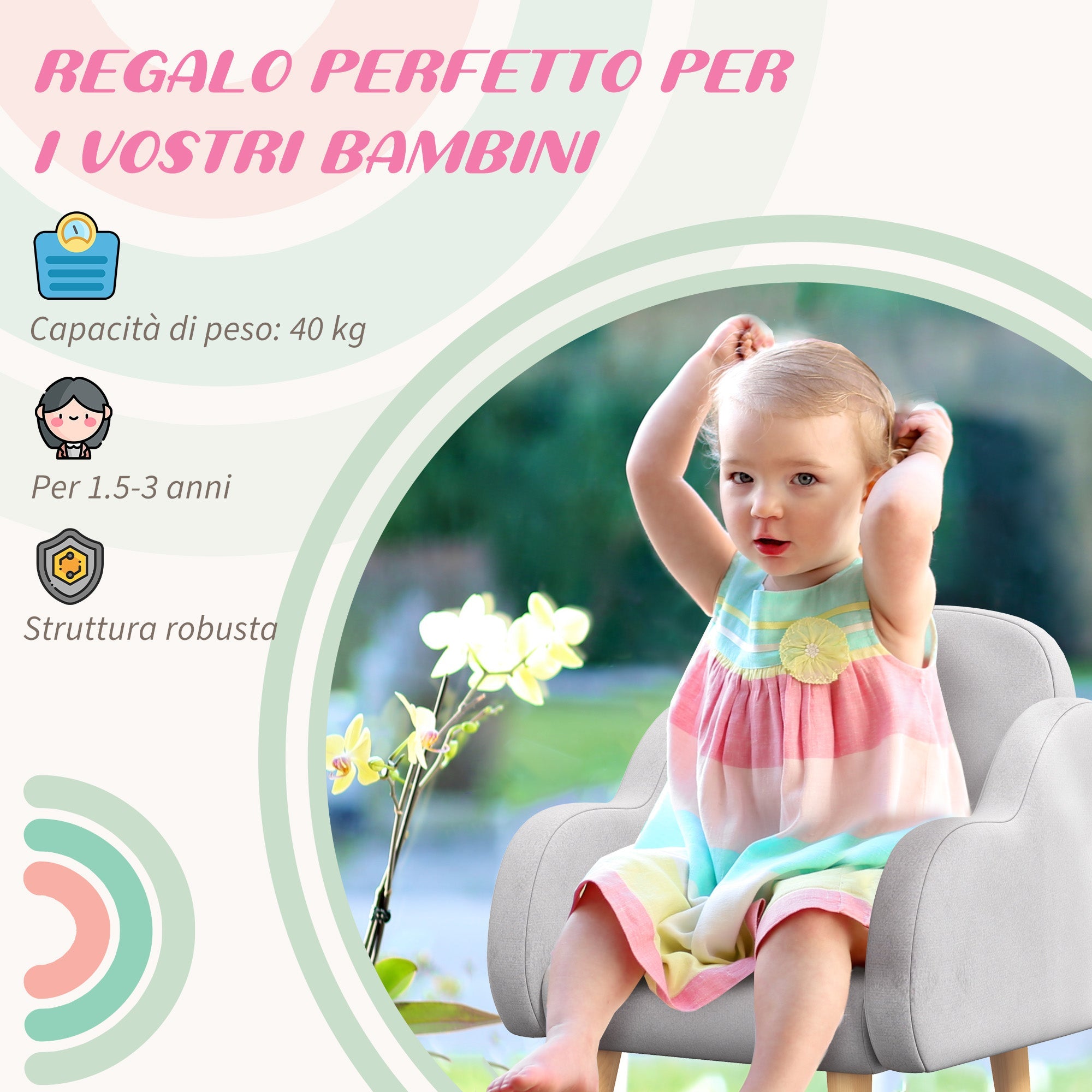 Poltrona per Bambini fino a 3 Anni con Braccioli a Nuvola 46x51x55 cm in Tessuto Grigio