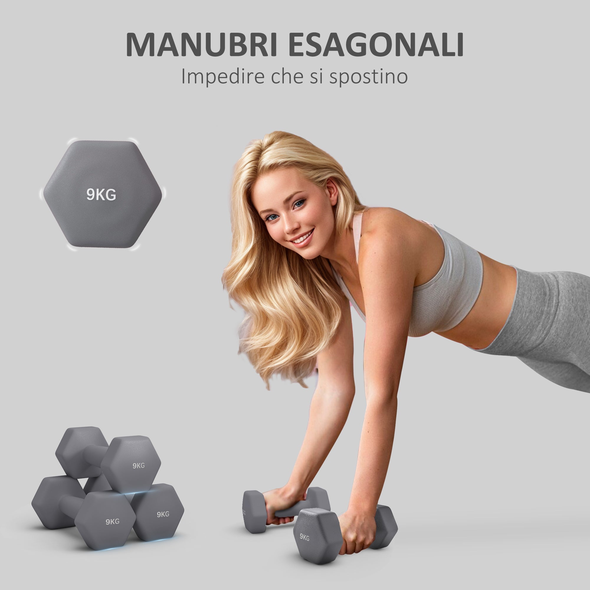 Set 2 Manubri Palestra 9 kg Pesi esagonali per Allenamento Grigio