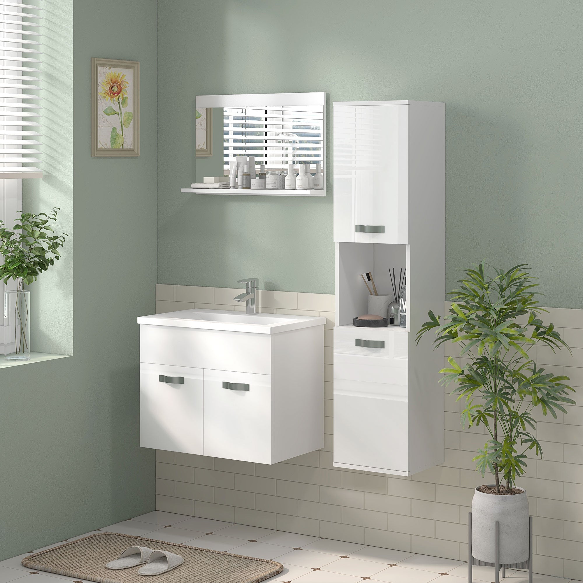 Mobile da Bagno Sospeso con Lavabo in Ceramica 61x40x50 cm Bianco Lucido