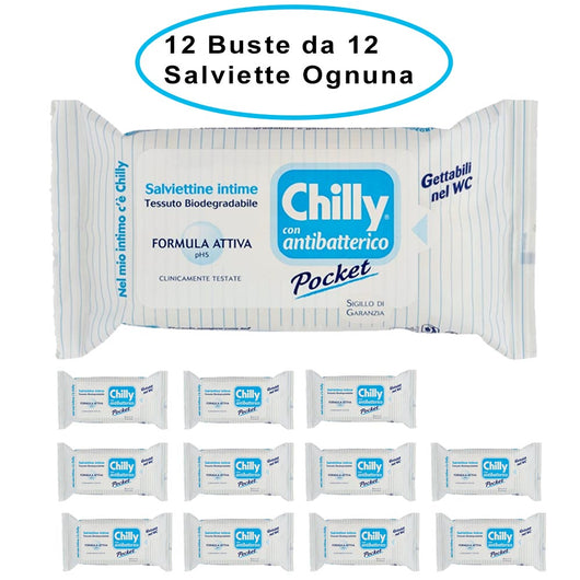 Chilly salviettine antibatteriche con formula anti-odor 12 buste da 12 salviette ciascuna