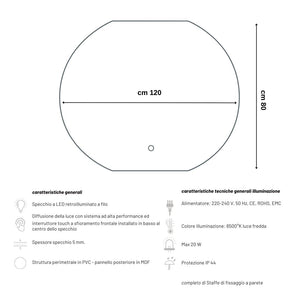 Ogomondo specchio 5 mm semicircolare retroilluminato led interruttore touch *** misure 120x80 cm, tonalità dimmerabi...