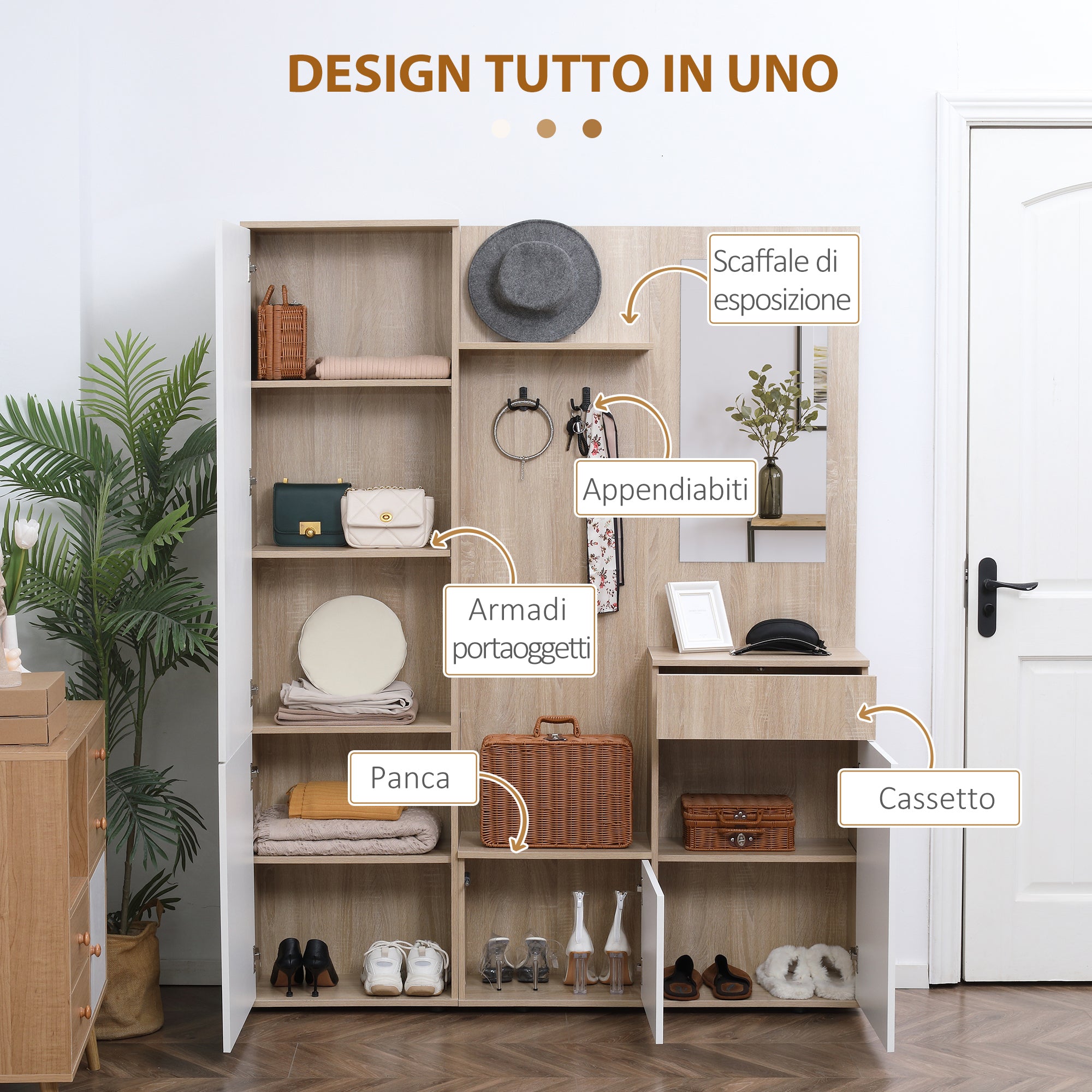 Mobile da Ingresso 4 in 1 con Specchio 145x29x184 cm in Truciolato Bianco e Legno Naturale