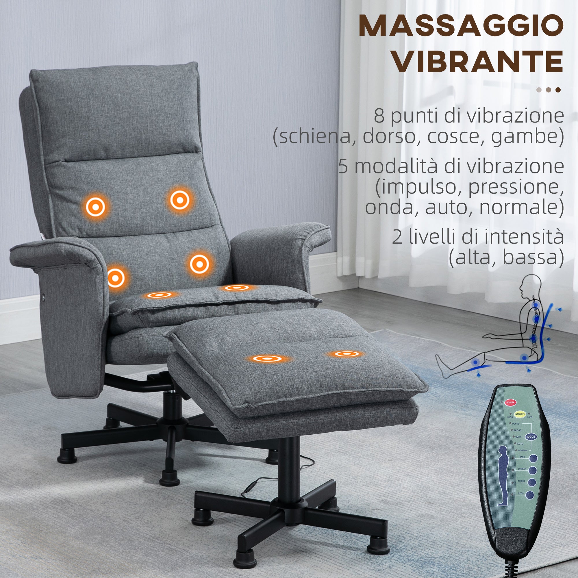 Poltrona Relax Massaggiante con Pouf e Telecomando in Tessuto Effetto Lino Grigio