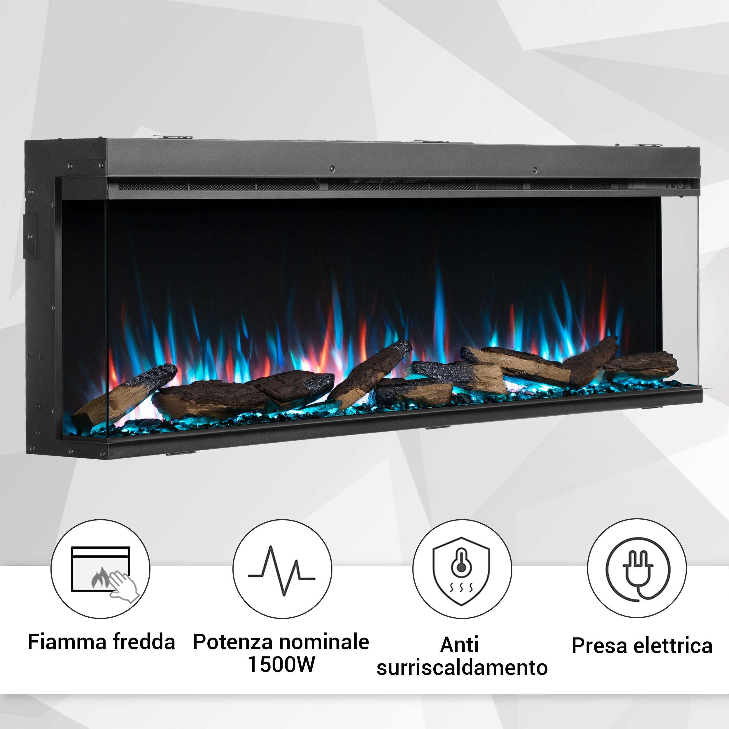 Camino elettrico a inserto Athena 60"| Riscaldamento 1500W, LED, app, crepitio | Telecomando, timer, termostato