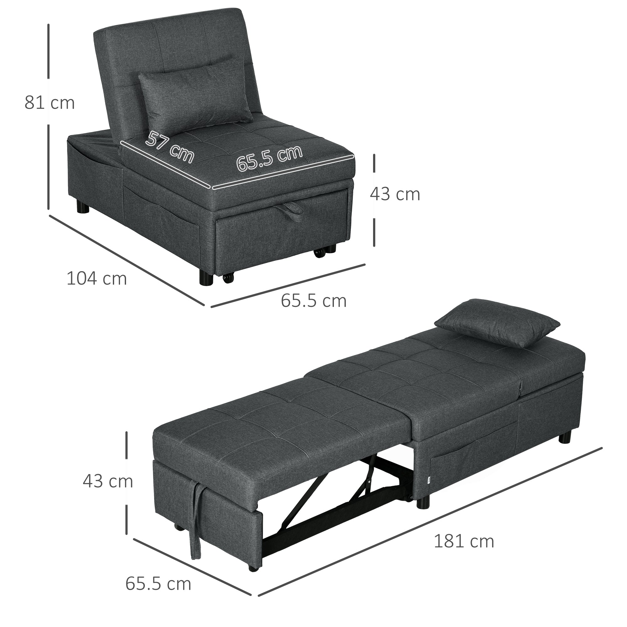 Poltrona Letto Singolo 3 in 1 Reclinabile a 3 Livelli con Cuscino 65,5x104x81 cm in Tessuto Effetto Lino Grigio