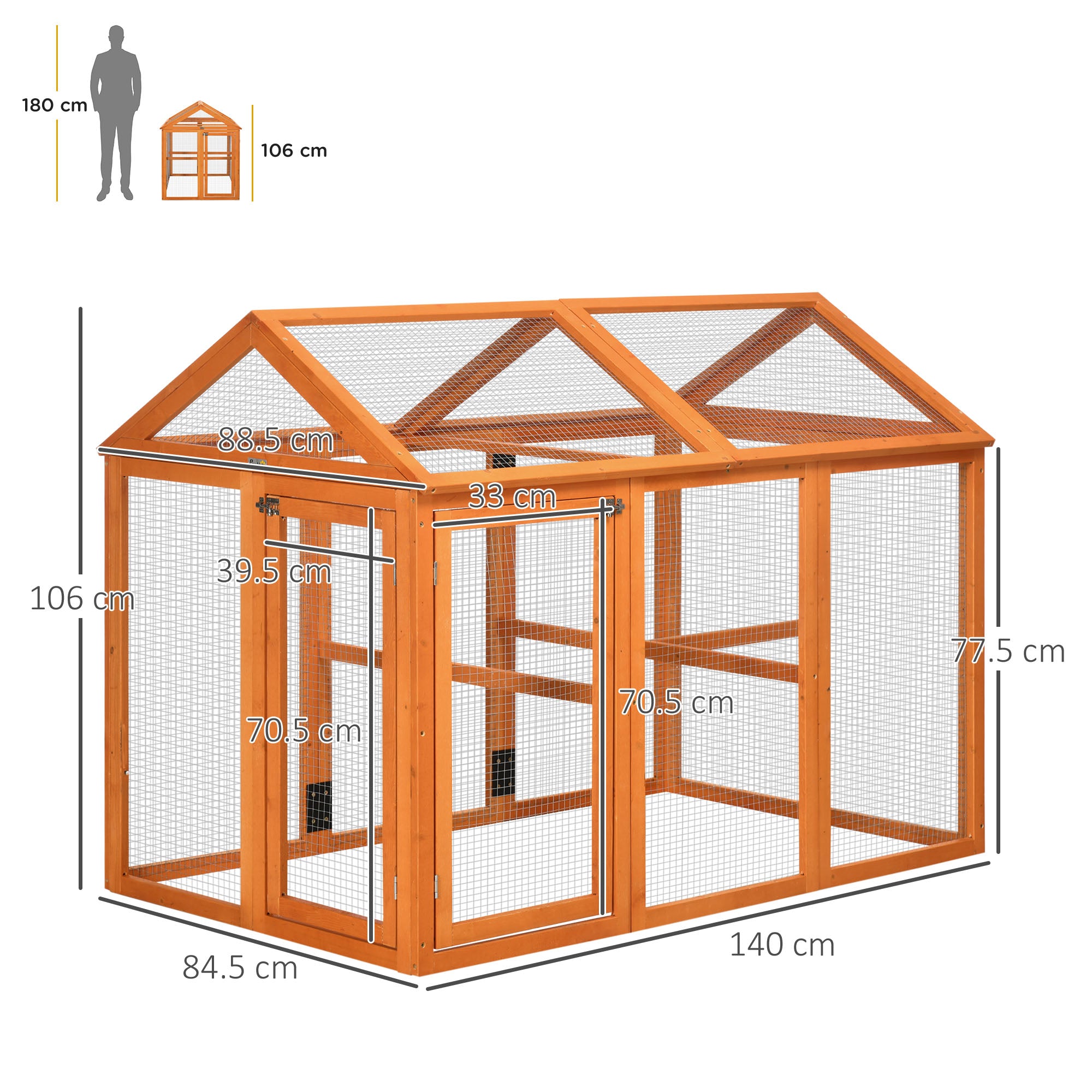 Pollaio Gabbia per Galline 140x88,5x106 cm in Legno con Rete Metallica Arancione