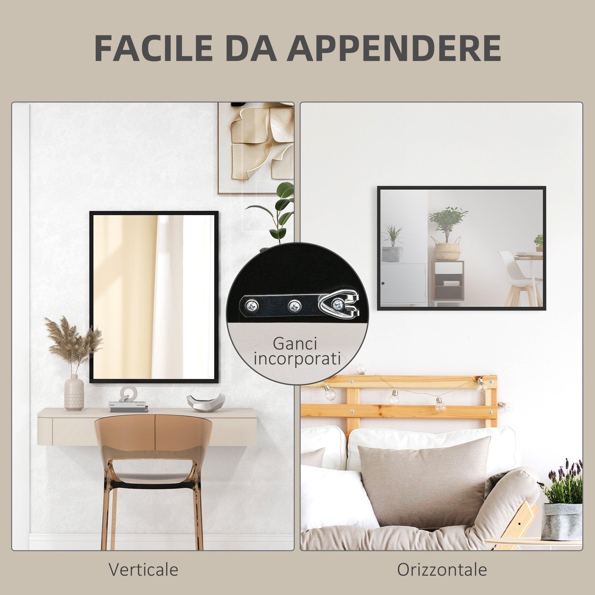 Specchio da Parete Rettangolare con Ganci 60x80 cm in Vetro e MDF Nero