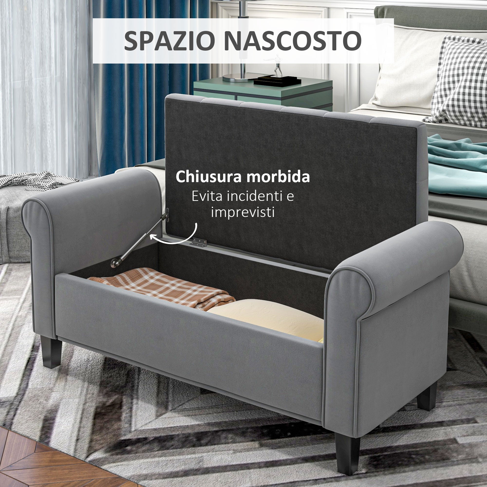 Panca Fondo Letto 126x48,5x57 cm in Tessuto Vellutato Grigio