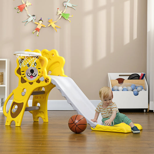 Scivolo per Bambini 131x50x74 cm con Canestro Laterale in PE Giallo e Grigio