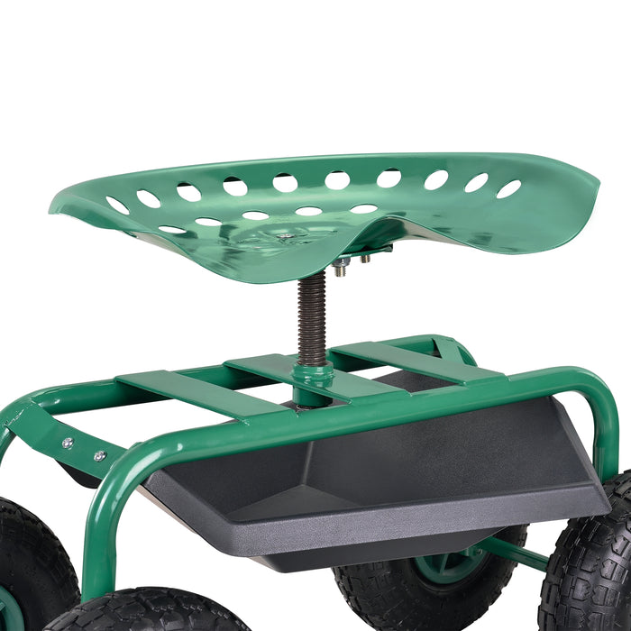 Sgabello su 4 Ruote per Giardinaggio con Seduta Regolabile in Altezza e Ripiano Portaattrezzi Scooter da Giardino -