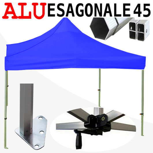 Gazebo 3x3 m blu SENZA laterali pieghevole alluminio piantone esagonale 45mm portatile estendibile richiudibile estensibile acciaio per fiere eventi stand chiosco tenda tendone mercato mercatino    