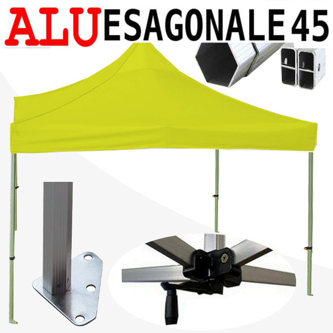 Gazebo 3x3 m giallo SENZA laterali pieghevole alluminio piantone esagonale 45mm portatile estendibile richiudibile estensibile acciaio per fiere eventi stand chiosco tenda tendone mercato mercatino    