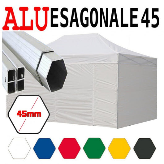 Gazebo 3x4,5 m bianco pieghevole alluminio piantone esagonale 45mm portatile estendibile richiudibile estensibile acciaio con laterali per fiere eventi stand chiosco tenda tendone mercato mercatino    