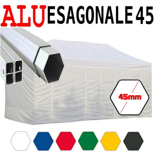 Gazebo 3X6 m bianco pieghevole alluminio piantone esagonale 45mm portatile estendibile richiudibile estensibile acciaio con laterali per fiere eventi stand chiosco tenda tendone mercato mercatino    