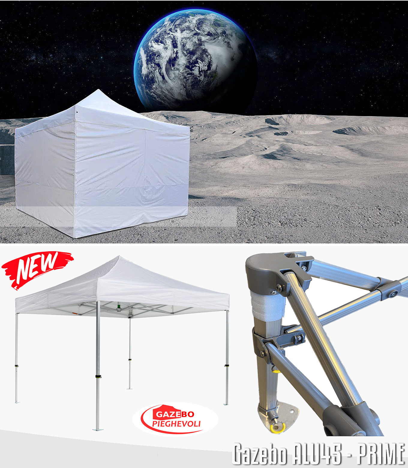 Gazebo 3x3 m bianco certificato IGNIFUGO pieghevole alluminio piantone esagonale 45mm portatile estendibile richiudibile estensibile acciaio con laterali per fiere eventi stand chiosco tenda tendone mercato mercatino    