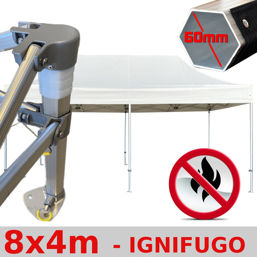 Gazebo 4x8 m bianco certificato IGNIFUGO SENZA laterali pieghevole alluminio piantone esagonale 60mm portatile estendibile richiudibile estensibile acciaio per fiere eventi stand chiosco tenda tendone mercato mercatino    