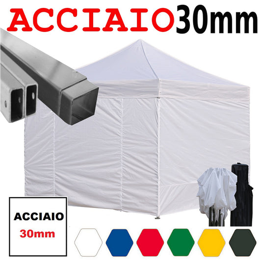 Gazebo 3x3 m bianco pieghevole portatile estendibile richiudibile estensibile acciaio con laterali per fiere eventi stand chiosco tenda tendone mercato mercatino  