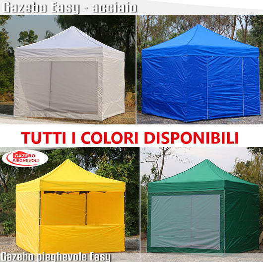 Gazebo 3x3 m bianco pieghevole portatile estendibile richiudibile estensibile acciaio con laterali per fiere eventi stand chiosco tenda tendone mercato mercatino  