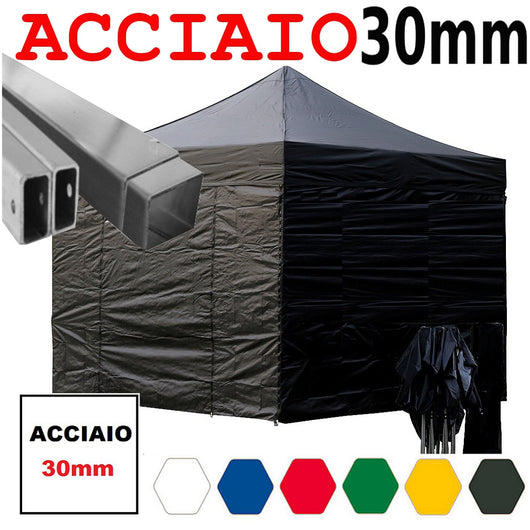 Gazebo 3x3 m nero pieghevole portatile estendibile richiudibile estensibile acciaio con laterali per fiere eventi stand chiosco tenda tendone mercato mercatino  