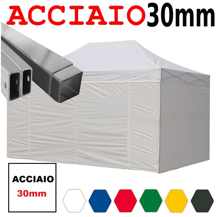 Gazebo 3x4,5 m bianco pieghevole portatile estendibile richiudibile estensibile acciaio con laterali per fiere eventi stand chiosco tenda tendone mercato mercatino  