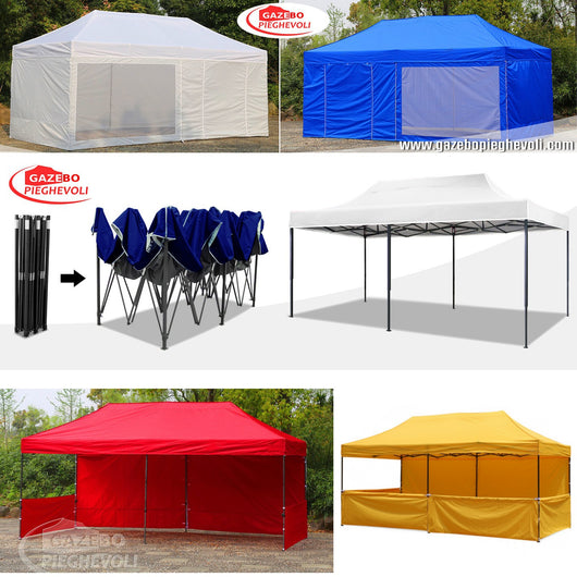 Gazebo 3x6 m nero pieghevole portatile estendibile richiudibile estensibile acciaio con laterali per fiere eventi stand chiosco tenda tendone mercato mercatino  