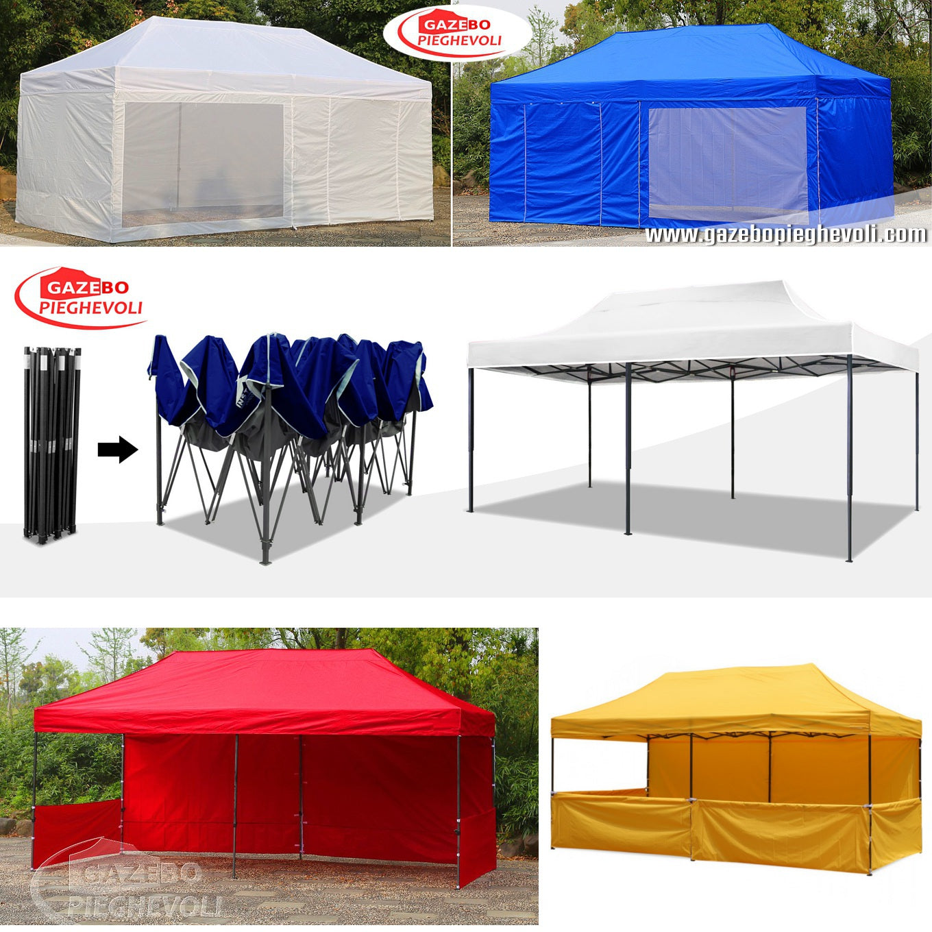 Gazebo 3x6 m rosso pieghevole portatile estendibile richiudibile estensibile acciaio con laterali per fiere eventi stand chiosco tenda tendone mercato mercatino  