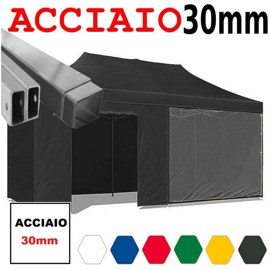 Gazebo 3x6 m nero pieghevole portatile estendibile richiudibile estensibile acciaio con laterali per fiere eventi stand chiosco tenda tendone mercato mercatino  