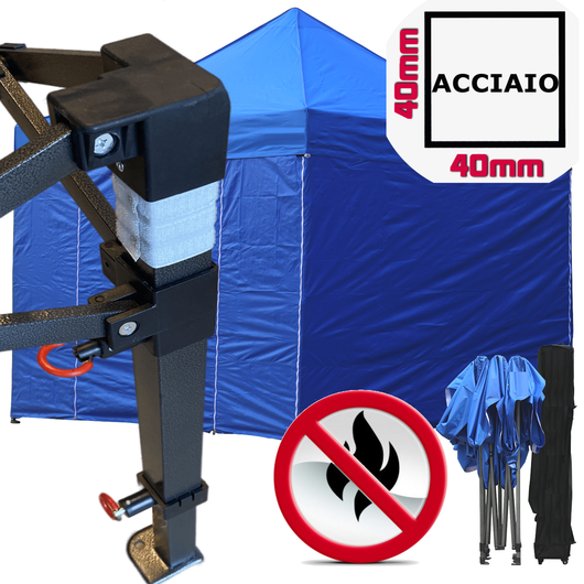 Gazebo 3x3m blu certificato IGNIFUGO pieghevole portatile estendibile richiudibile estensibile acciaio con laterali per fiere eventi stand chiosco tenda tendone mercato mercatino  