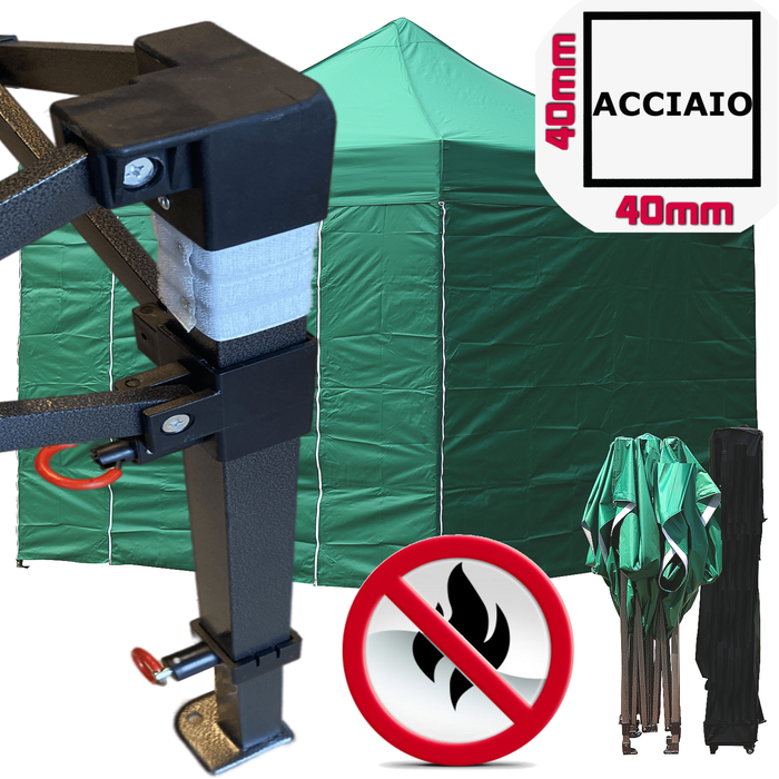 Gazebo 3x3m verde certificato IGNIFUGO pieghevole portatile estendibile richiudibile estensibile acciaio con laterali per fiere eventi stand chiosco tenda tendone mercato mercatino  