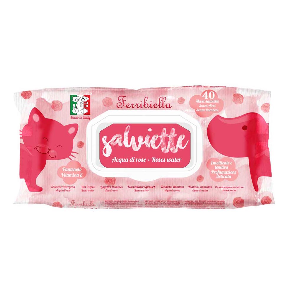 Multipack 12 confezioni di salviette detergenti per cani e gatti pulizia acqua di rose