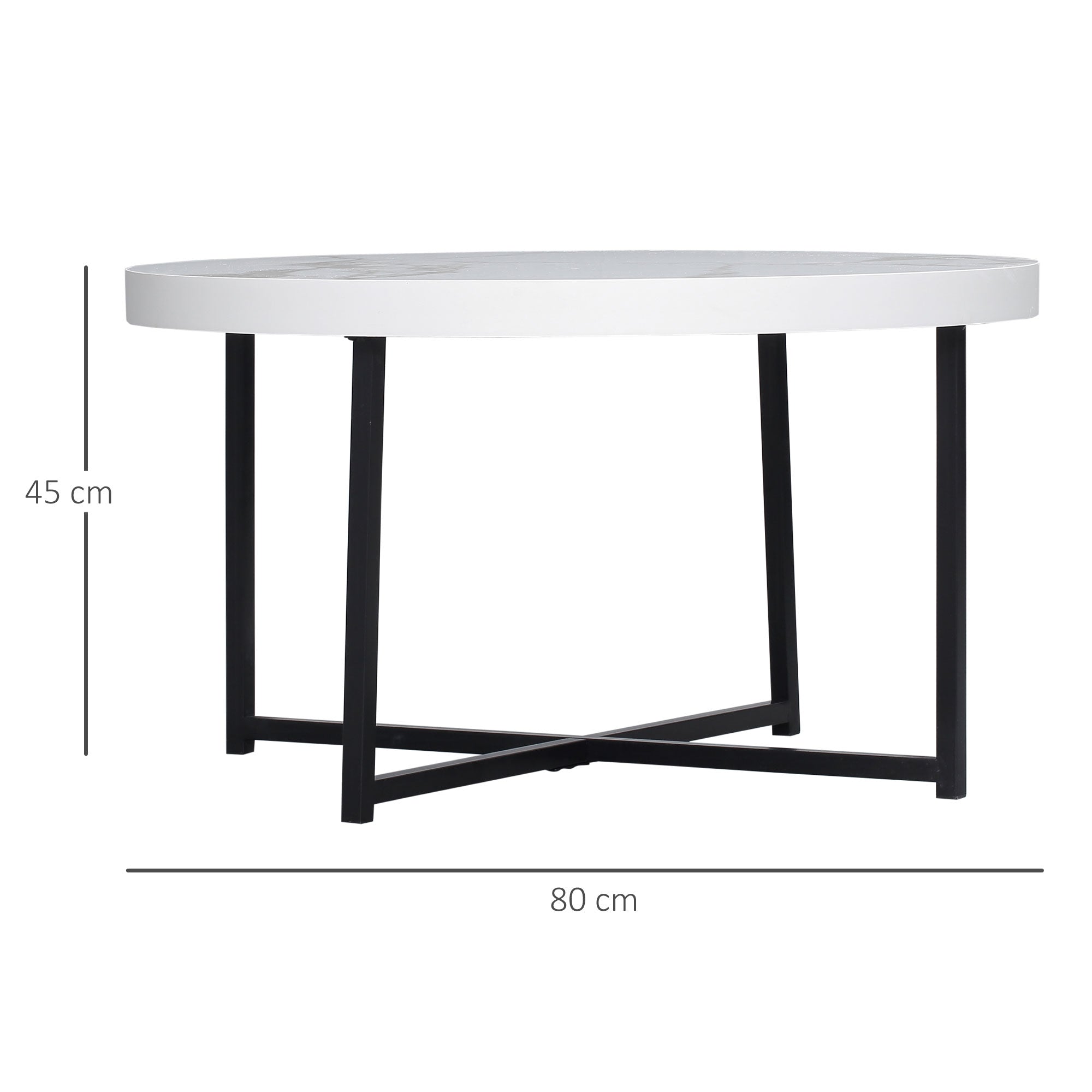 Tavolino da Caffè Rotondo con Piano Effetto Marmo Ø80x45 cm in MDF e Gambe in Metallo Bianco