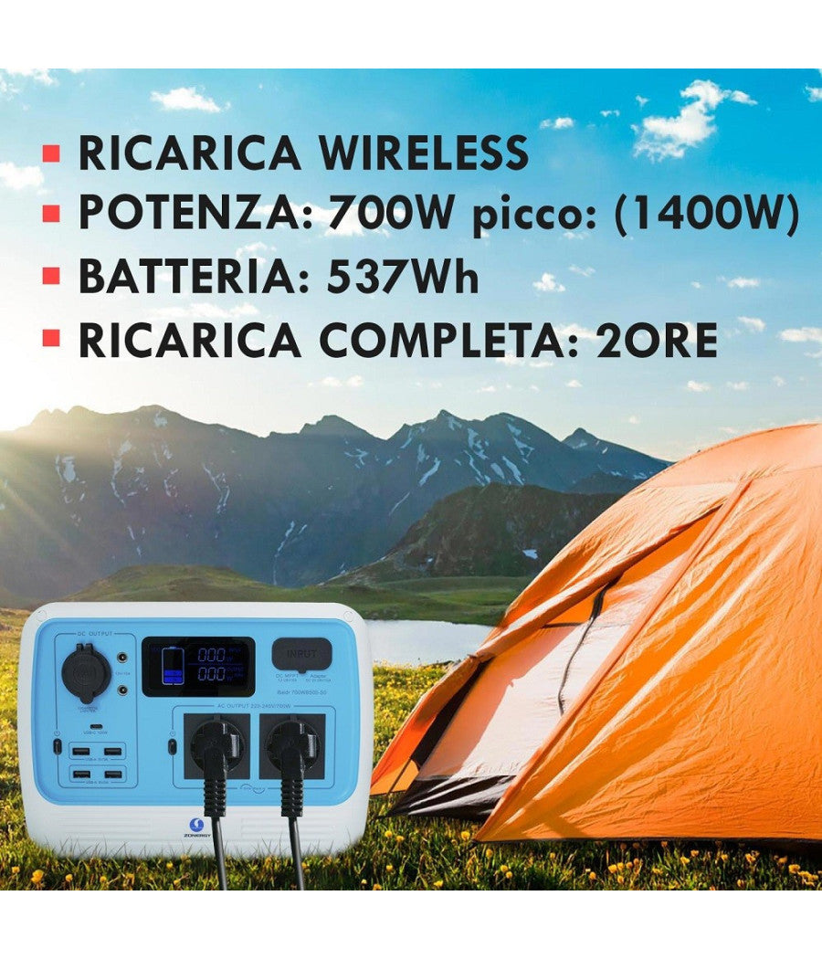 Generatore Corrente 700w Portatile Ricarica Solare Batteria Prese Schuko Ac Usb-c         