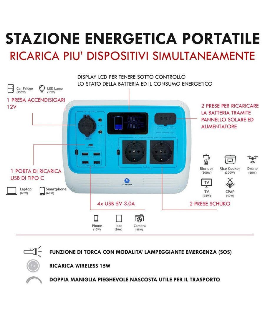 Generatore Corrente 700w Portatile Ricarica Solare Batteria Prese Schuko Ac Usb-c         