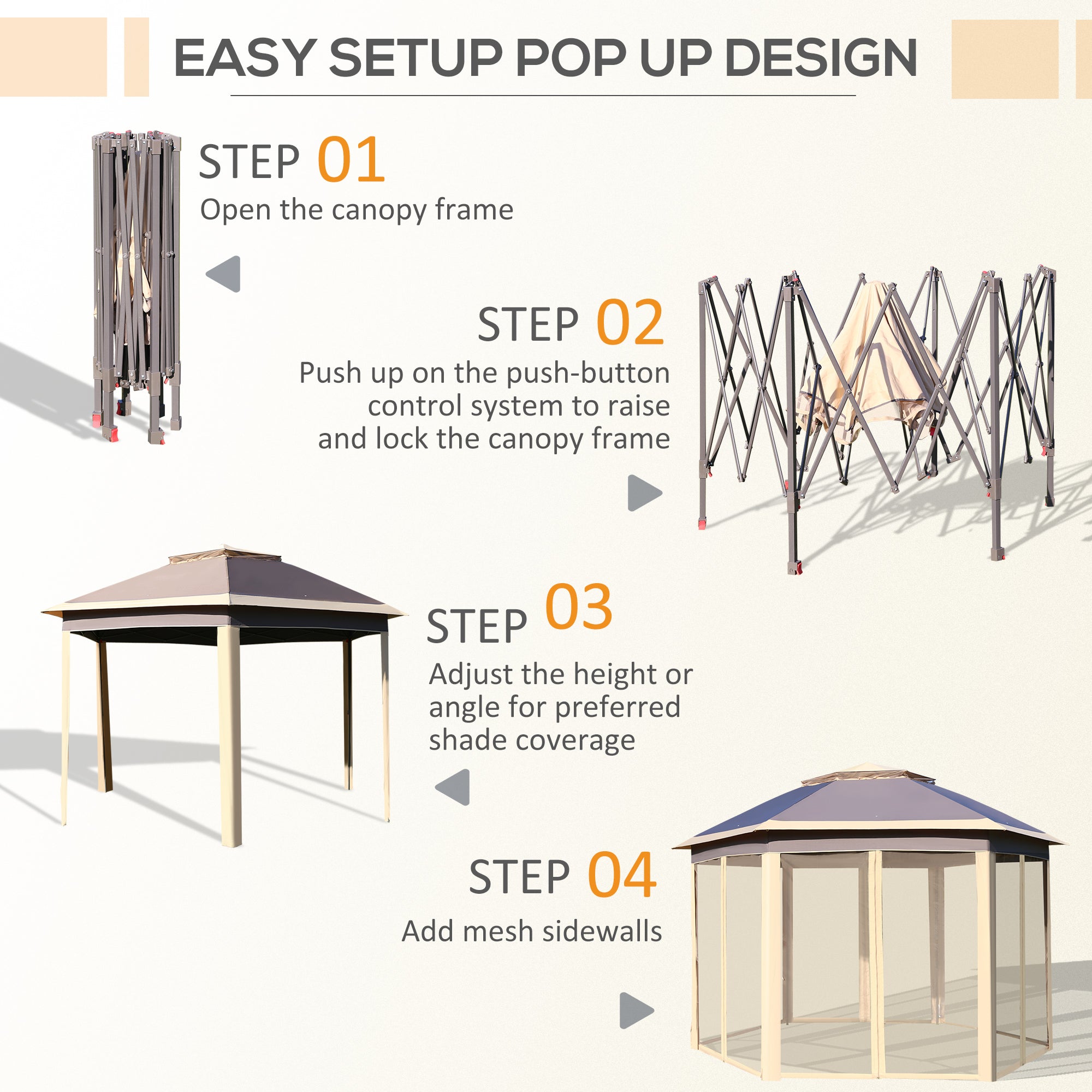 Gazebo Pieghevole da Giardino 4,05x3,4x2,85m con Zanzariera in Metallo e Tessuto Oxford Beige