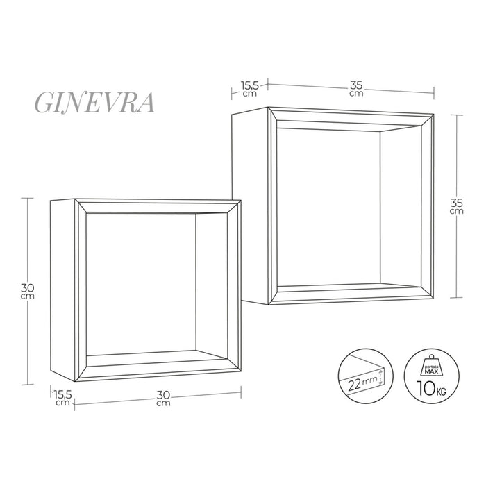 Set di 2 Mensole da Muro Modello GINEVRA, Cubi Arredo, Mensole Cubo, Cubi da Parete, Cubi Portaoggetti. Misure 35x35 p15.5 cm, e 30x30 p15.5 cm. Finitura  BIANCO - MADE IN ITALY