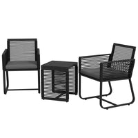 Set Tavolino e 2 Poltroncine con Cuscini da Giardino in Rattan PE Acciaio e Poliestere Nero