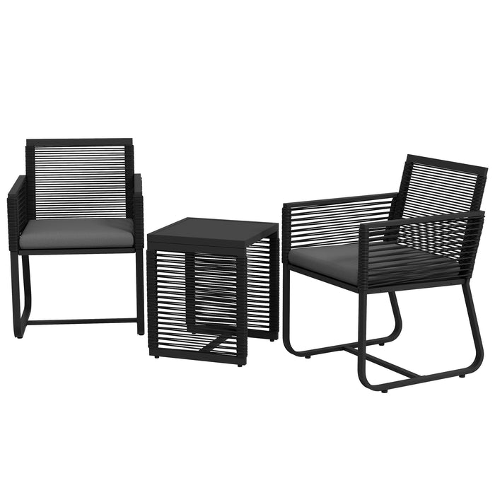 Set Tavolino e 2 Poltroncine con Cuscini da Giardino in Rattan PE Acciaio e Poliestere Nero