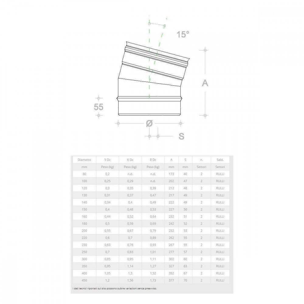 Gomito curva acciaio inox 100mm 5 decimi aisi 304, scegli se  15 gradi